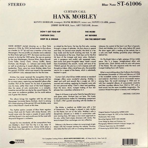 Hank Mobley Featuring Kenny Dorham & Sonny Clark – Curtain Call(LP)