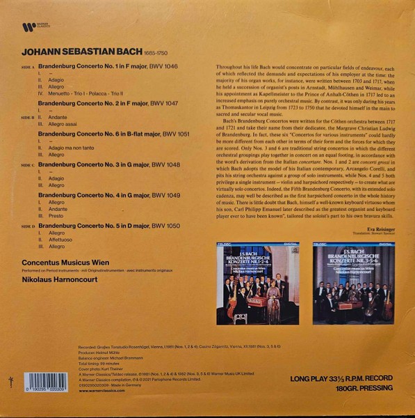 J. S. Bach. Concentus Musicus Wien. Nikolaus Harnoncourt. Brandenburg Concertos Nos. ( 2LP )