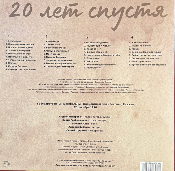Виниловая пластинка Борис Гребенщиков и Андрей Макаревич - Двадцать Лет Спустя (2LP)