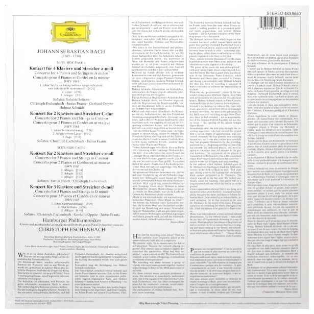 Bach, Christoph Eschenbach • Justus Frantz • Gerhard Oppitz • Helmut Schmidt,, Гамбургский филармонический оркестр - Концерты для фортепиано с оркестром BWV 1060 • 1061 • 1063 • 1065 (LP)